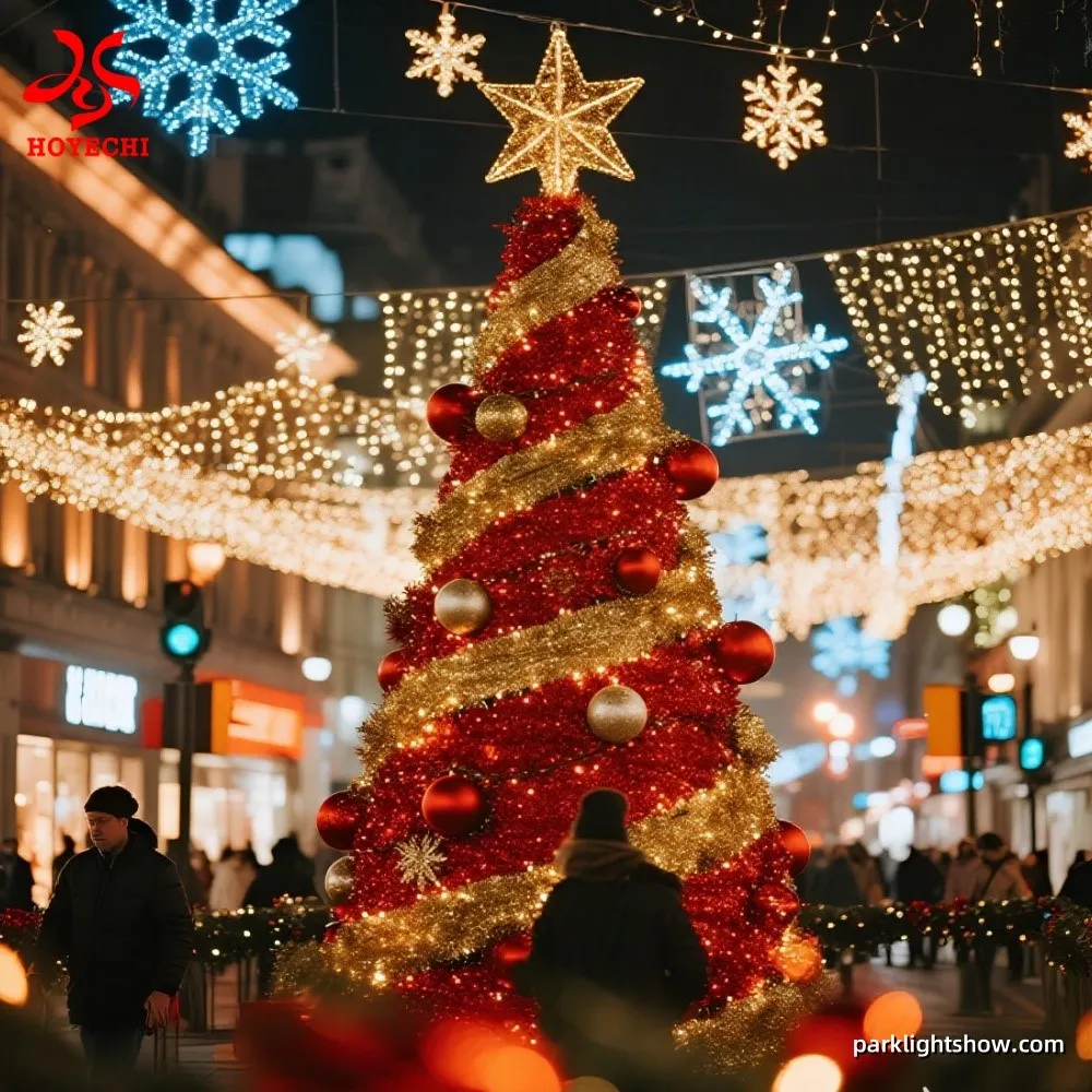 HOYECHI large red LED Christmas tree in a city plaza with glowing decorations and golden light canopy HOYECHI large red LED Christmas tree in a city plaza with glowing decorations and golden light canopy